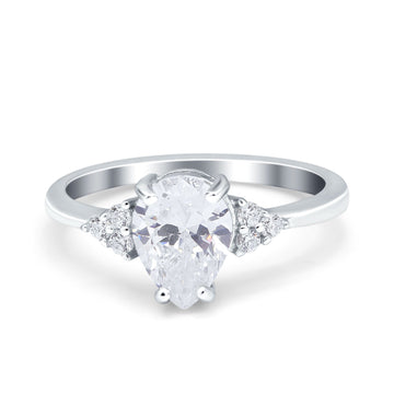 14K White Gold Teardrop Pear Art Deco Engagement Wedding Bridal Ring Round Simulated CZ Size-7